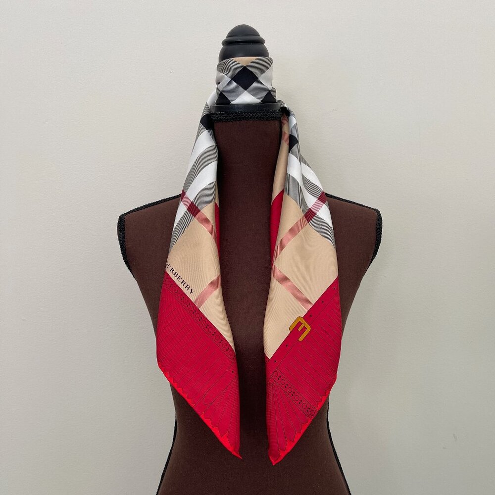New Burberry Scarf Logo Iconic Beige Check Red Border Silk Wrap